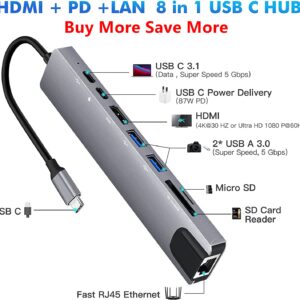 USB C Hub 8 In 1 Type C 3.1 To 4K HDMI Adapter with RJ45 SD/TF Card Reader PD Fast Charge for MacBook Notebook Laptop Computer